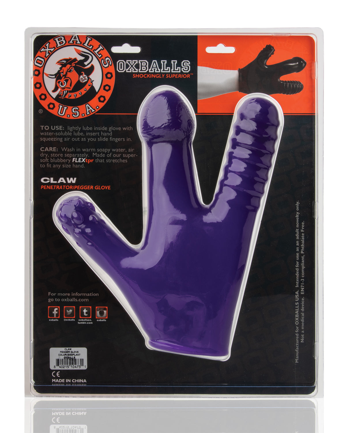 Oxballs Claw Fisting Dildo Glove Eggplant displayed with packaging showing the unique claw design.