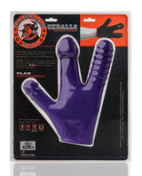 Oxballs Claw Fisting Dildo Glove Eggplant displayed with packaging showing the unique claw design.