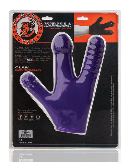 Oxballs Claw Fisting Dildo Glove Eggplant displayed with packaging showing the unique claw design.