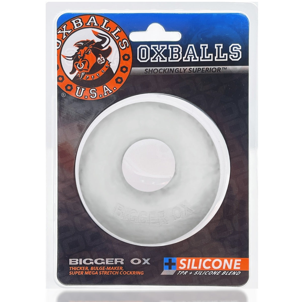 Oxballs Bigger Ox Padded Cock Ring Clear Ice packaging featuring a soft, squishy design for enhanced comfort and performance.