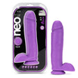 Neo Elite 10 Inch Silicone Dual Density Cock with Balls Purple displayed in packaging.