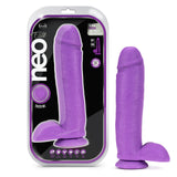 Neo Elite 10 Inch Silicone Dual Density Cock with Balls Purple displayed in packaging.