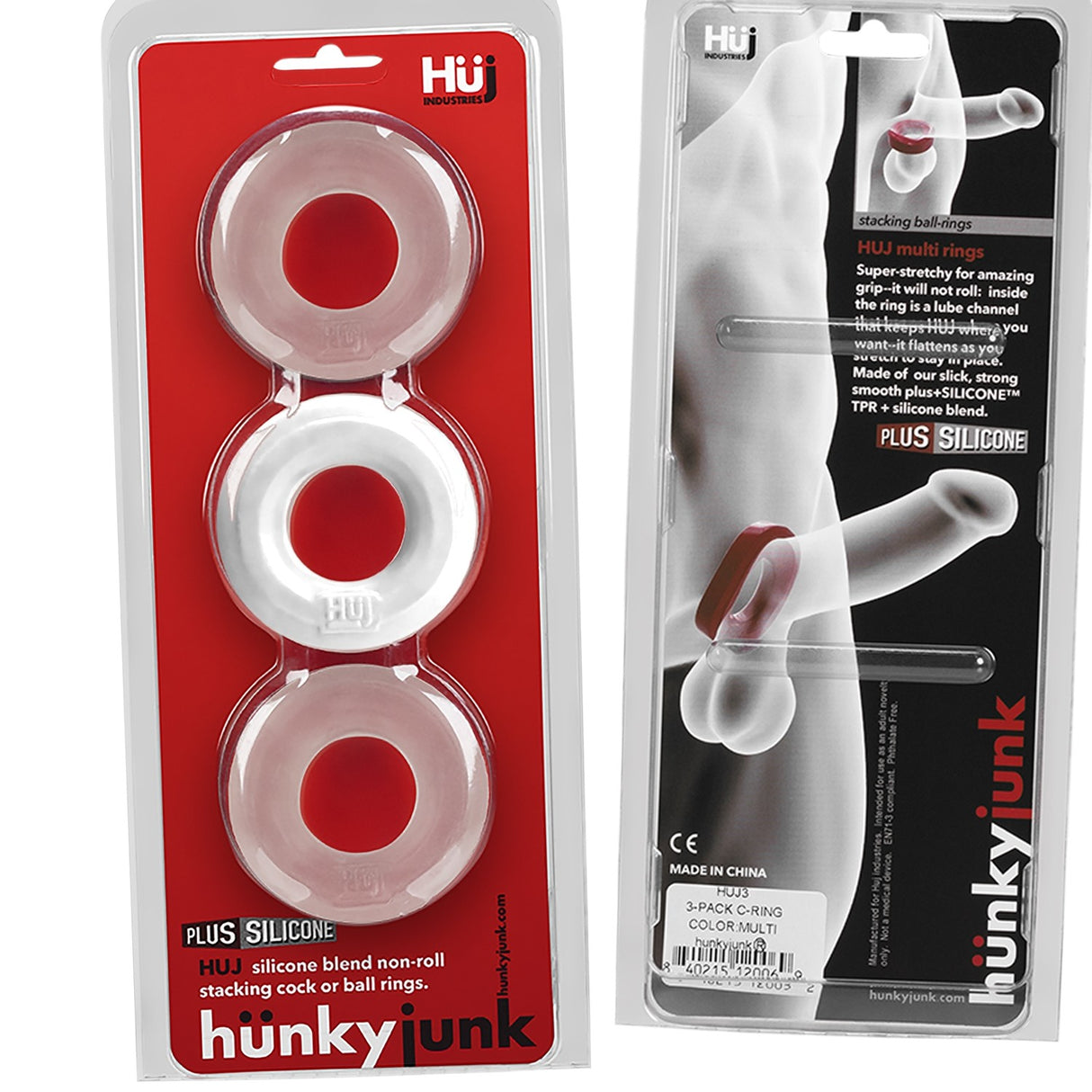 Hunkyjunk HUJ3 Silicone C-Ring 3 Pack White Ice & Clear in packaging showcasing three silicone rings.