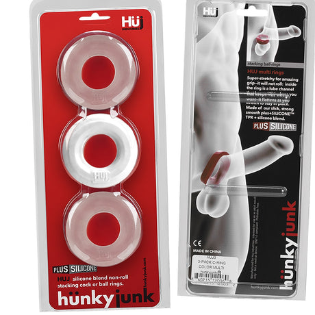 Hunkyjunk HUJ3 Silicone C-Ring 3 Pack White Ice & Clear in packaging showcasing three silicone rings.