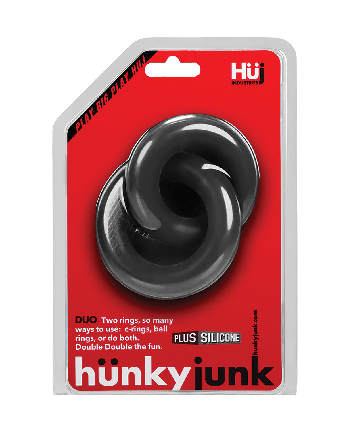 Hunky Junk Duo Linked Cock & Ball Rings Tar package featuring dual silicone rings for enhanced pleasure.