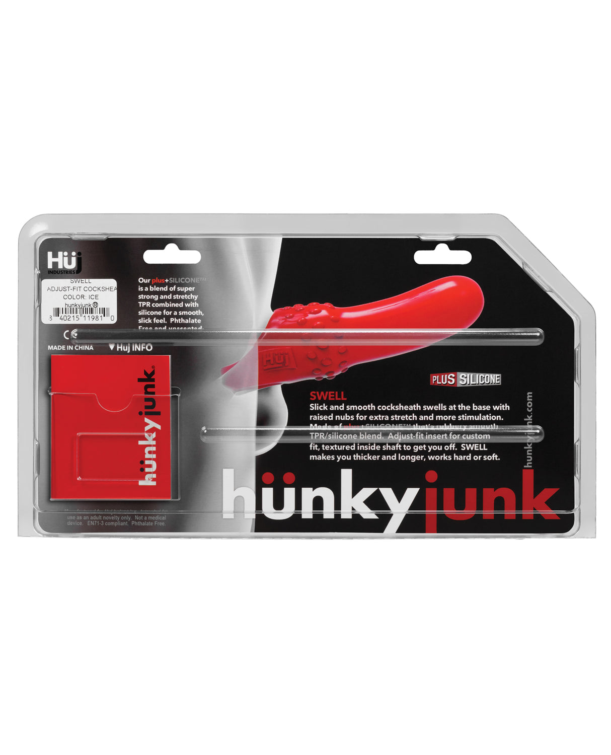 Hunky Junk Swell Adjust Fit Cocksheath Ice packaging showcasing its design and features for enhanced pleasure.