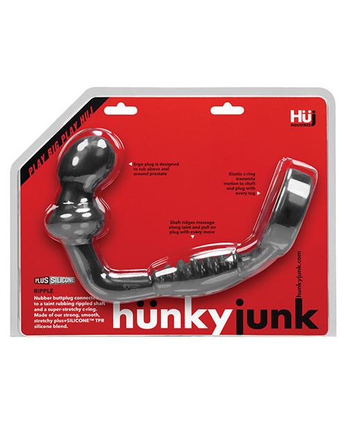 Hunkyjunk Ripple Asslock Cock Ring Butt Plug Tar in packaging showcasing its sleek design and features for full-body stimulation.