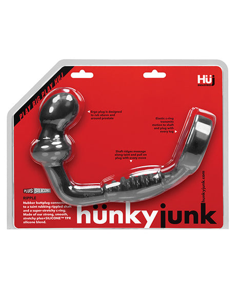Hunkyjunk Ripple Asslock Cock Ring Butt Plug Tar in packaging showcasing its sleek design and features for full-body stimulation.