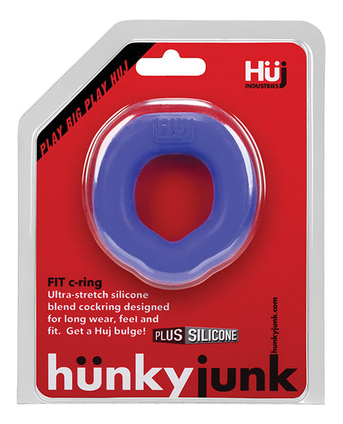 Hunkyjunk Fit Ergo Silicone Cock Ring Cobalt packaging showing the blue silicone cock ring designed for comfort and support.