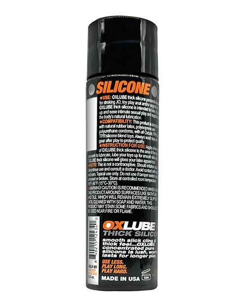 Oxballs OXLube Thick Silicone Lubricant 8.5 oz bottle showing silicone ingredients and usage instructions.