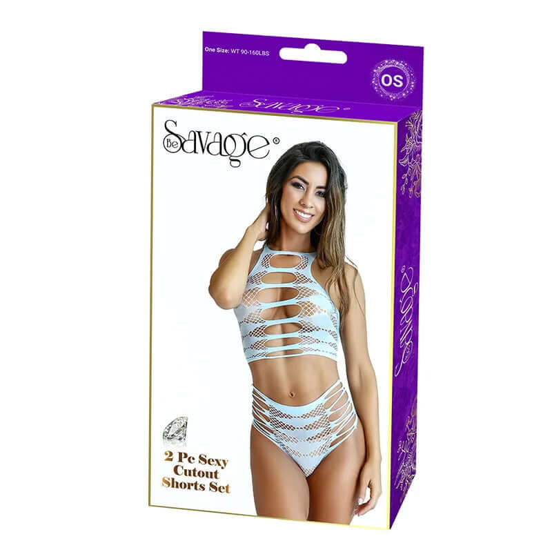 Savage Lingerie 2pc Sexy Cutout Shorts Set showcased on model in packaging with eye-catching design.