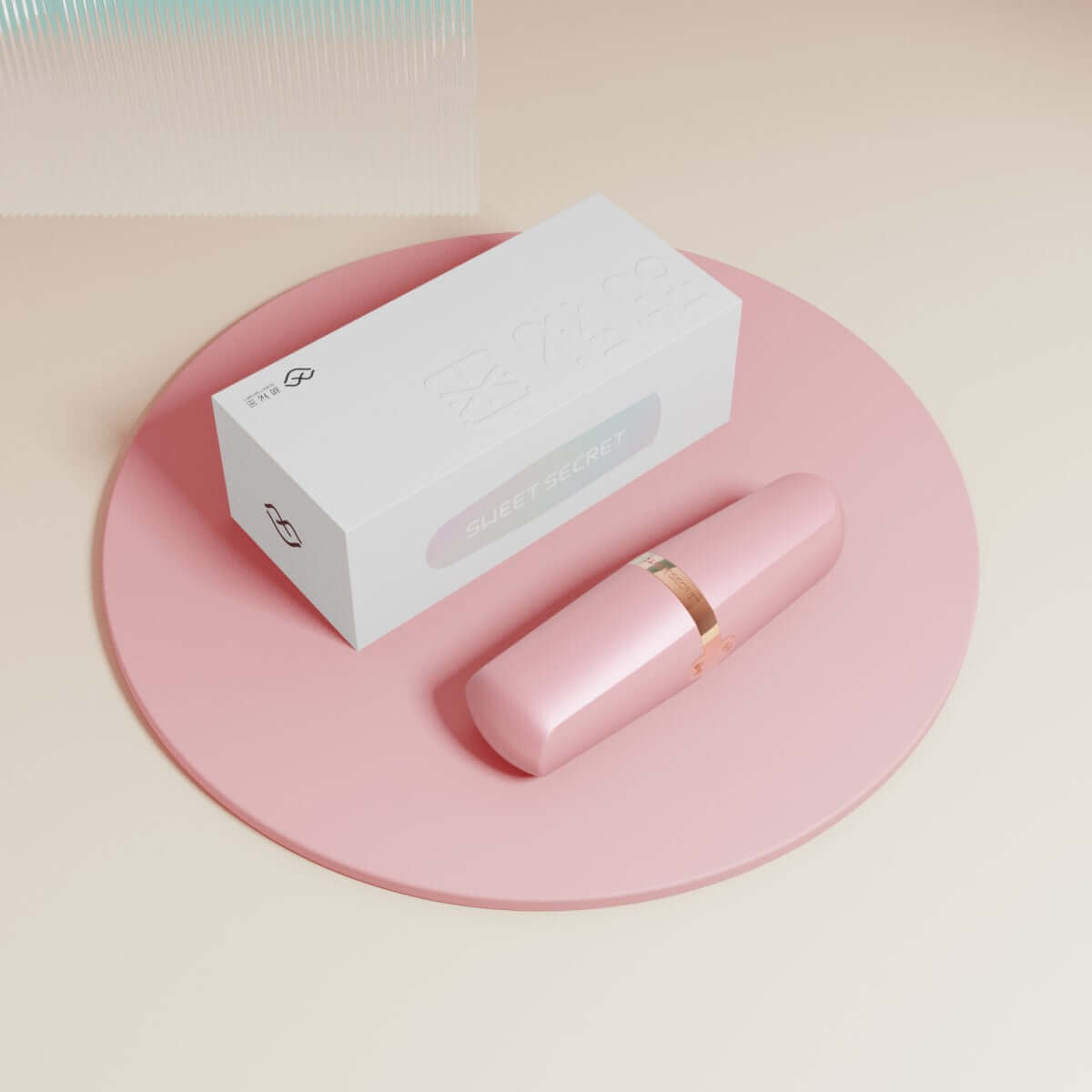 Sweet Secret Massager Pink with packaging on a pastel pink surface for dual clitoral suction and wand vibration pleasure.