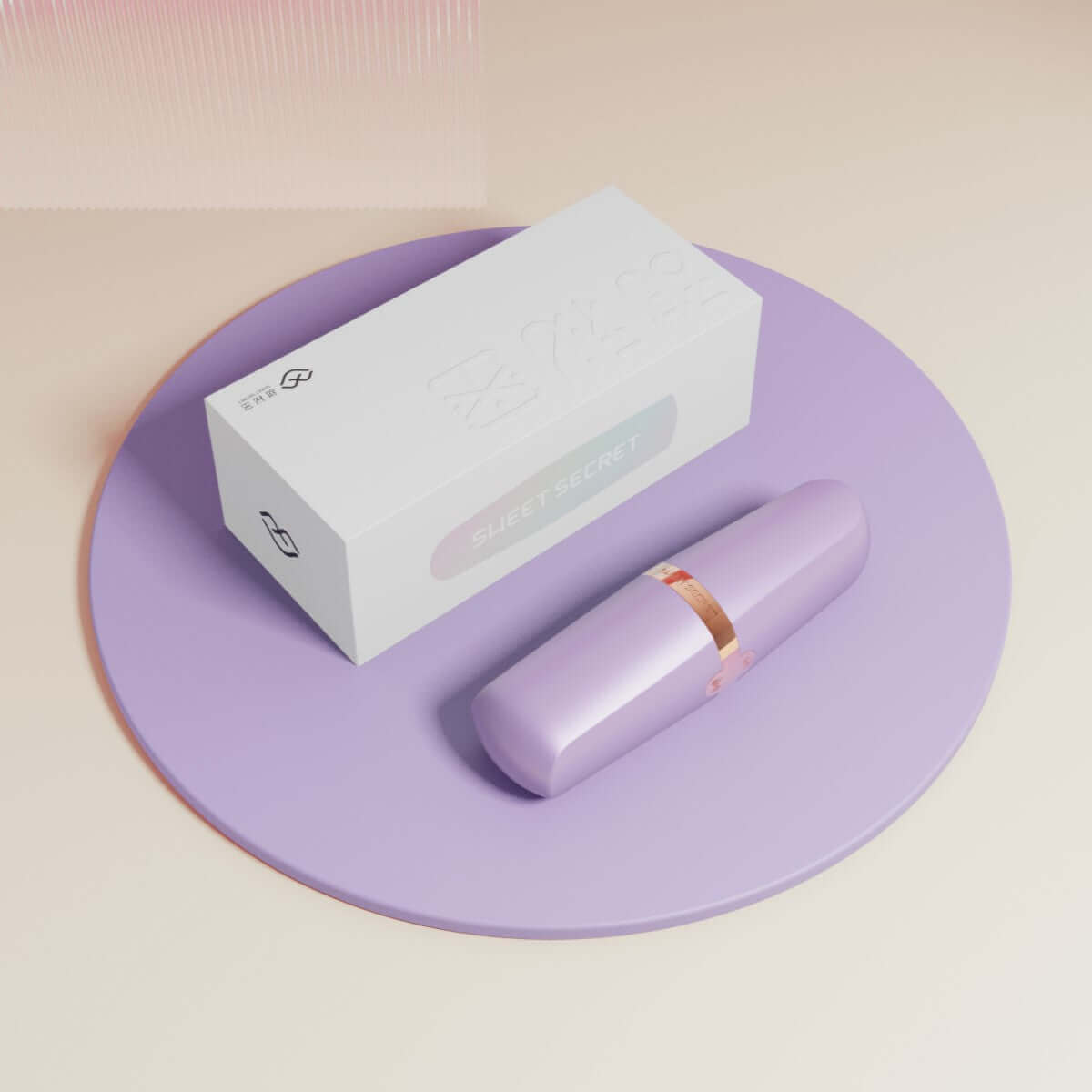 Sweet Secret Massager with clitoral suction and wand vibration on a purple tray, packaged box included