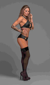 Lust Fetish Juno Black Bra and Shorts Set L/XL model wearing a leather-look choker bra and shorts with fishnet stockings.