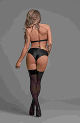 Lust Fetish Juno Black Bra and Shorts Set L/XL showcasing a model from the back wearing edgy lingerie with fishnet stockings.