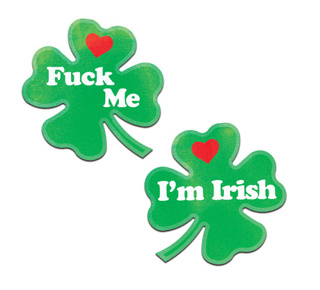 Pastease Clover Fuck Me I'm Irish Nipple Pasties in shamrock shape with playful text for St Patrick's Day.