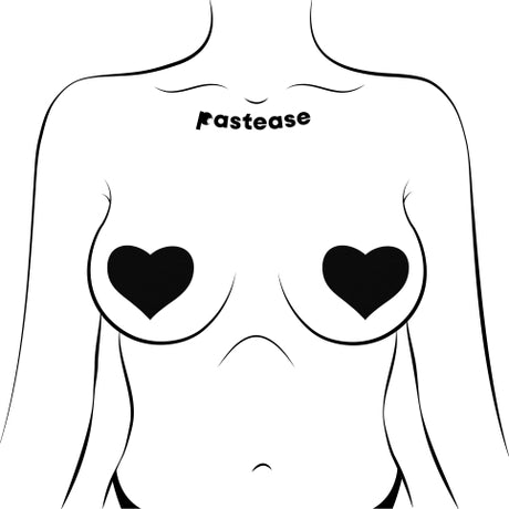 Pastease Sweety Heart Nipple Pasties Black showcased on a minimalist torso with black heart covers.