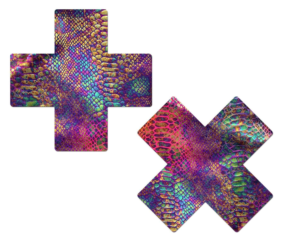 Neon Rainbow Tie Dye Snake Print Cross Nipple Pasties featuring vibrant and colorful designs.