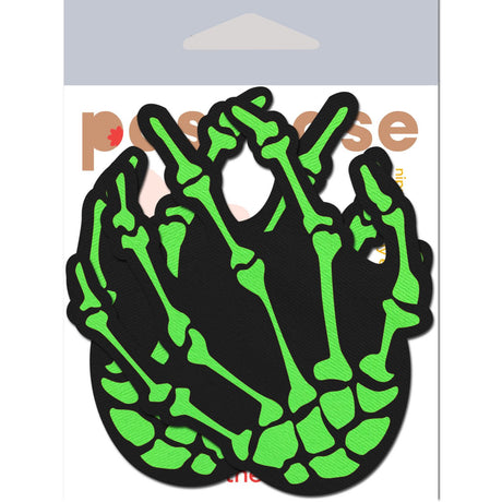 Pastease Neon Green Skeleton Hands Nipple Pasties in playful design for Halloween parties and themed events.