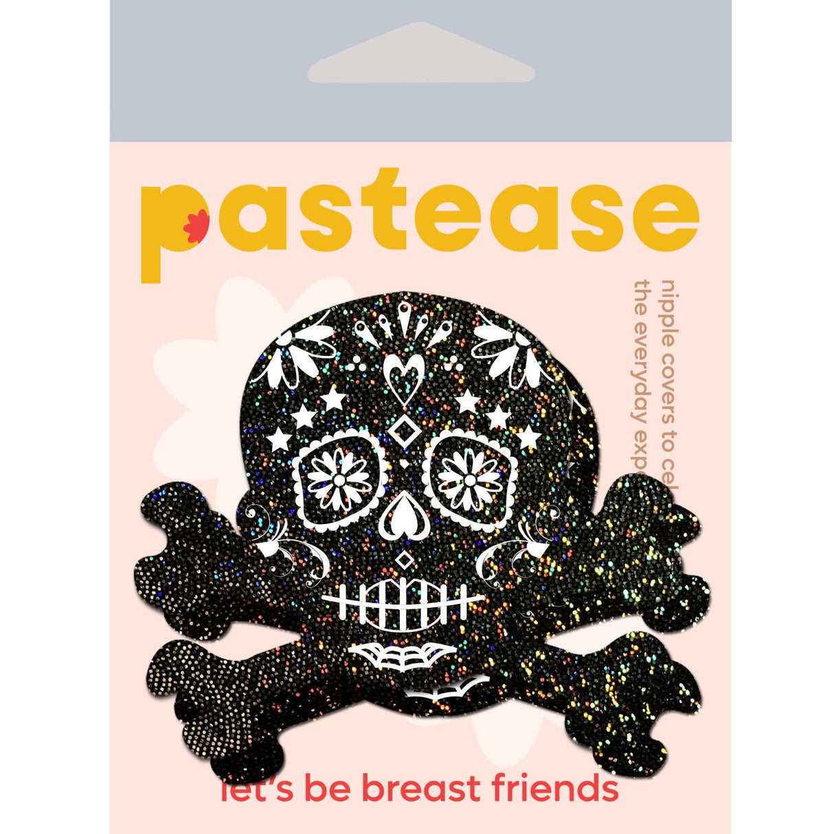 Pastease Skull Black Glitter Candy Pasties packaging featuring a glittery skull and crossbones design on a pink background.