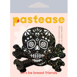 Pastease Skull Black Glitter Candy Pasties packaging featuring a glittery skull and crossbones design on a pink background.