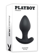 Playboy Pleasure Plug & Play Butt Plug Navy product packaging featuring a sleek silicone design.