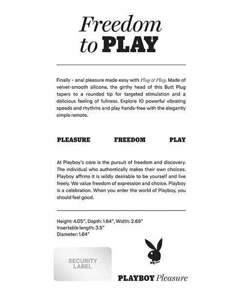 Playboy Pleasure Plug & Play Butt Plug Navy product details with dimensions and features for enjoyable anal exploration.