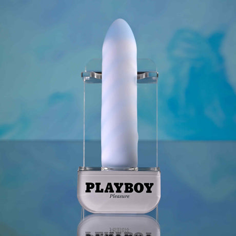 Playboy Unicorn Vibes Silicone Vibrating Bullet Blue displayed, highlighting tapered tip for pleasure and smooth silicone.