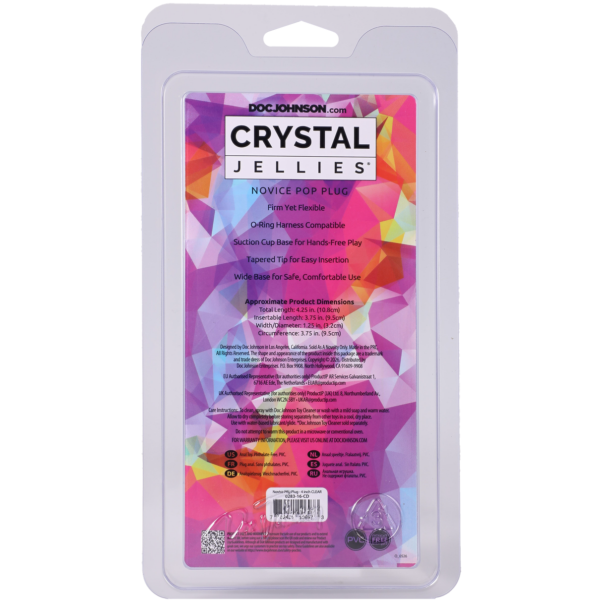 Crystal Jellies Novice Pop Plug 4 Inch Clear packaging, showing features and dimensions for beginner-friendly anal play.