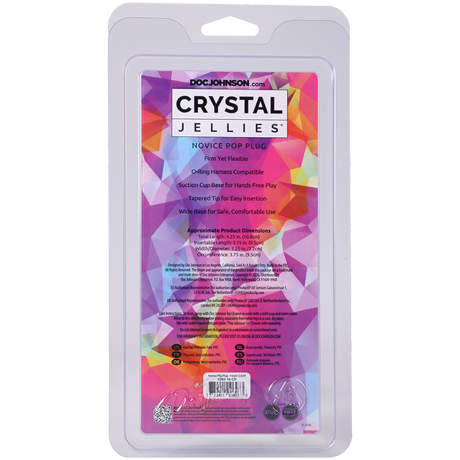 Crystal Jellies Novice Pop Plug 4 Inch Clear packaging, showing features and dimensions for beginner-friendly anal play.
