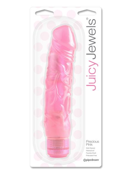 Juicy Jewels Precious Pink Realistic Vibrator packaged and ready for pleasure with its lifelike design.