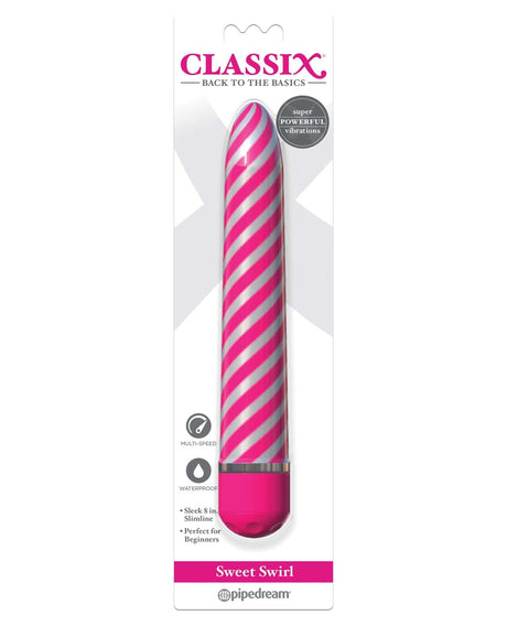 Classix Sweet Swirl Vibrator Pink in sleek design with metallic spiraling finish and packaging details.