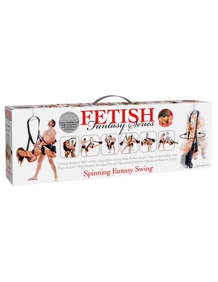 Fetish Fantasy Spinning Fantasy Swing Black packaging with adjustable nylon straps and images of couples enjoying it.