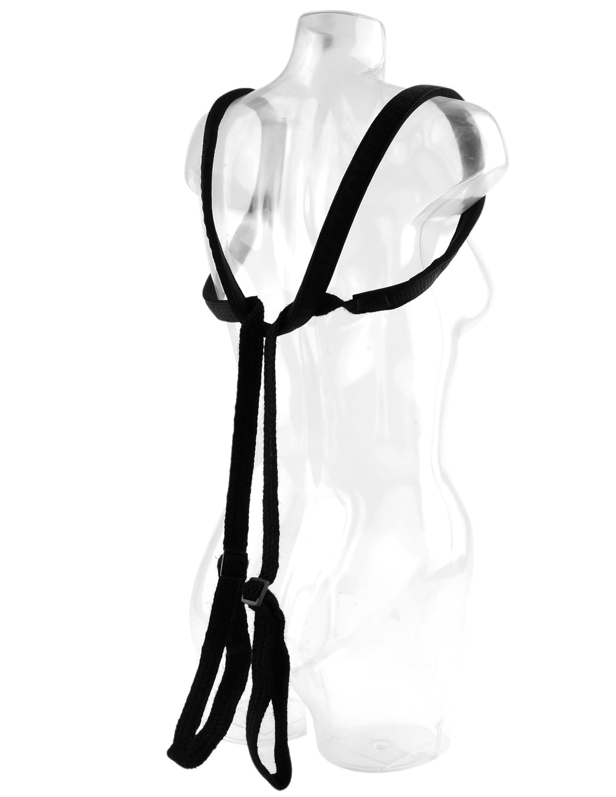 Fetish Fantasy Giddy Up Position Harness Black displayed on a mannequin, showcasing its design and adjustable straps.