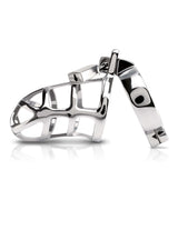 Pipedream Metal Worx Steel Cock Cage showcasing a luxurious, hand-polished steel design with a unique body-inspired shape.
