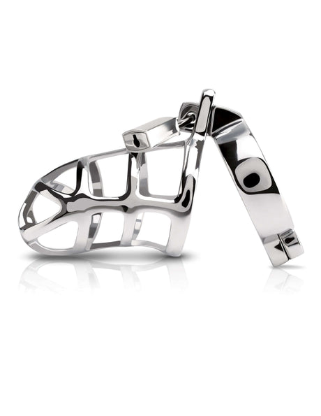Pipedream Metal Worx Steel Cock Cage showcasing a luxurious, hand-polished steel design with a unique body-inspired shape.