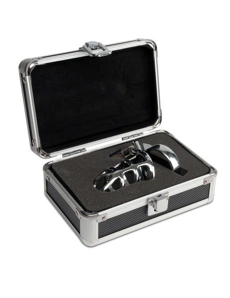 Pipedream Metal Worx Steel Cock Cage showcased in an elegant black case with protective foam interior.