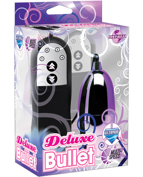 Pipedream Deluxe Bullet Waterproof Multi-Speed Vibe Purple in packaging with controls and waterproof label.