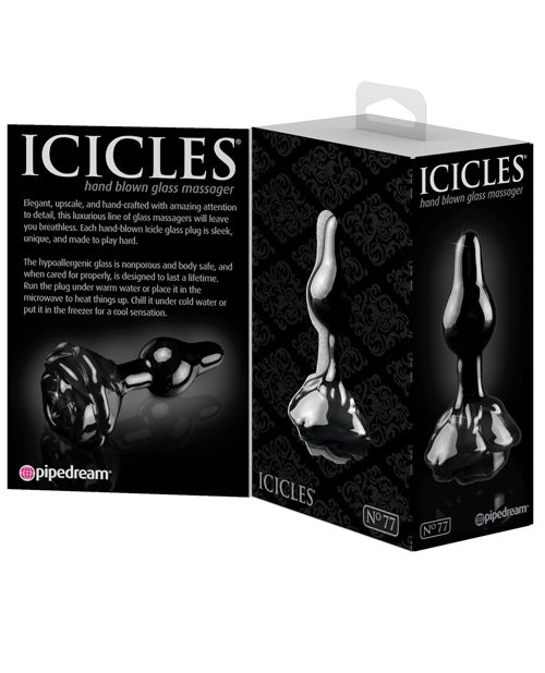 Icicles No 77 Hand Blown Glass Rose Butt Plug Black displayed in stylish packaging with sleek design and elegant branding.