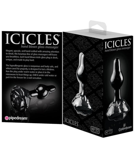 Icicles No 77 Hand Blown Glass Rose Butt Plug Black displayed in stylish packaging with sleek design and elegant branding.