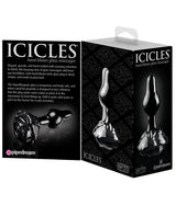 Icicles No 77 Hand Blown Glass Rose Butt Plug Black packaging showing elegant design and features.