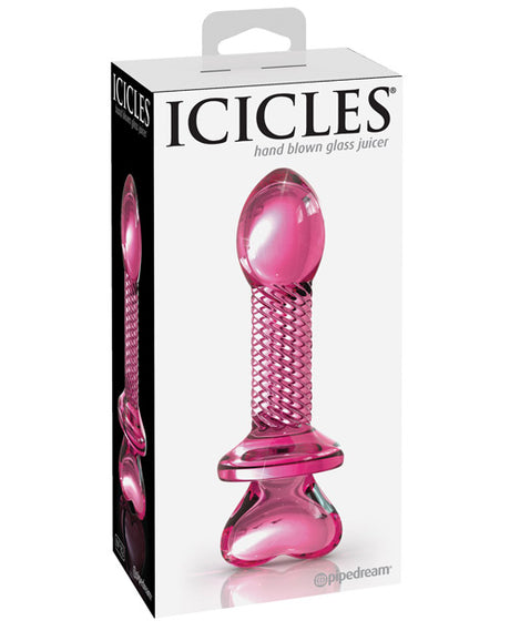Icicles No 82 Hand Blown Glass Butt Plug Ribbed Pink packaging front view showing elegant design and details.