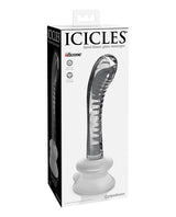 Icicles No 88 Glass G-Spot Suction Cup Massager Clear showcased in packaging, designed for targeted stimulation.