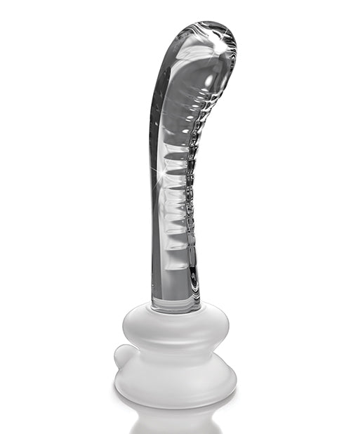 Icicles No 88 Glass G-Spot Suction Cup Massager Clear with curved design and ridged texture for stimulation.