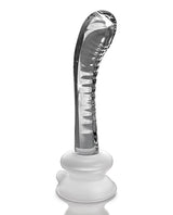Icicles No 88 Glass G-Spot Suction Cup Massager Clear with curved design and ridged texture for stimulation.