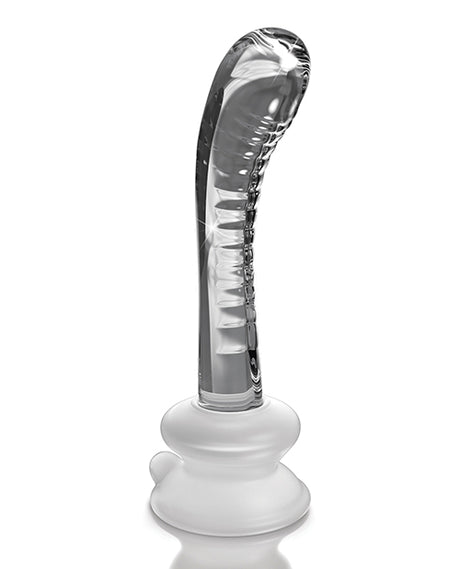 Icicles No 88 Glass G-Spot Suction Cup Massager Clear with curved design and ridged texture for stimulation.