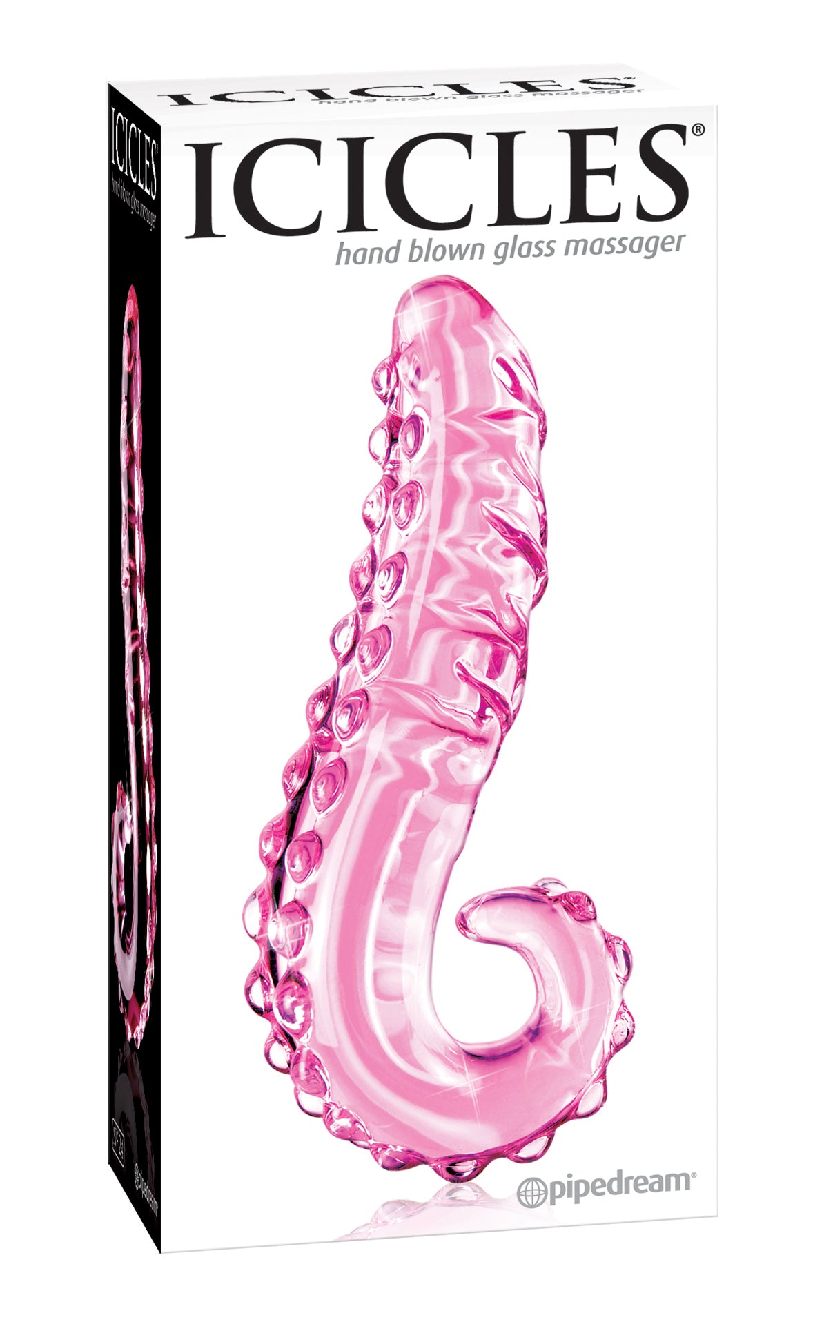 Icicles No 24 Hand Blown Glass Massager Pink in packaging, showcasing its elegant design and unique glass craftsmanship.