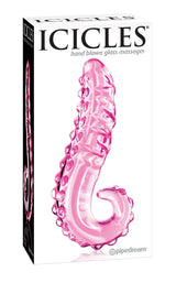 Icicles No 24 Hand Blown Glass Massager Pink in packaging, showcasing its elegant design and unique glass craftsmanship.