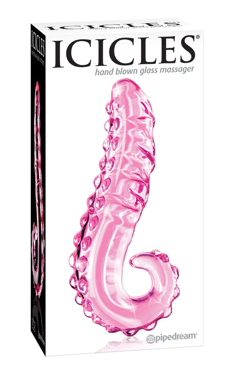 Icicles No 24 Hand Blown Glass Massager Pink in packaging, showcasing its elegant design and unique glass craftsmanship.
