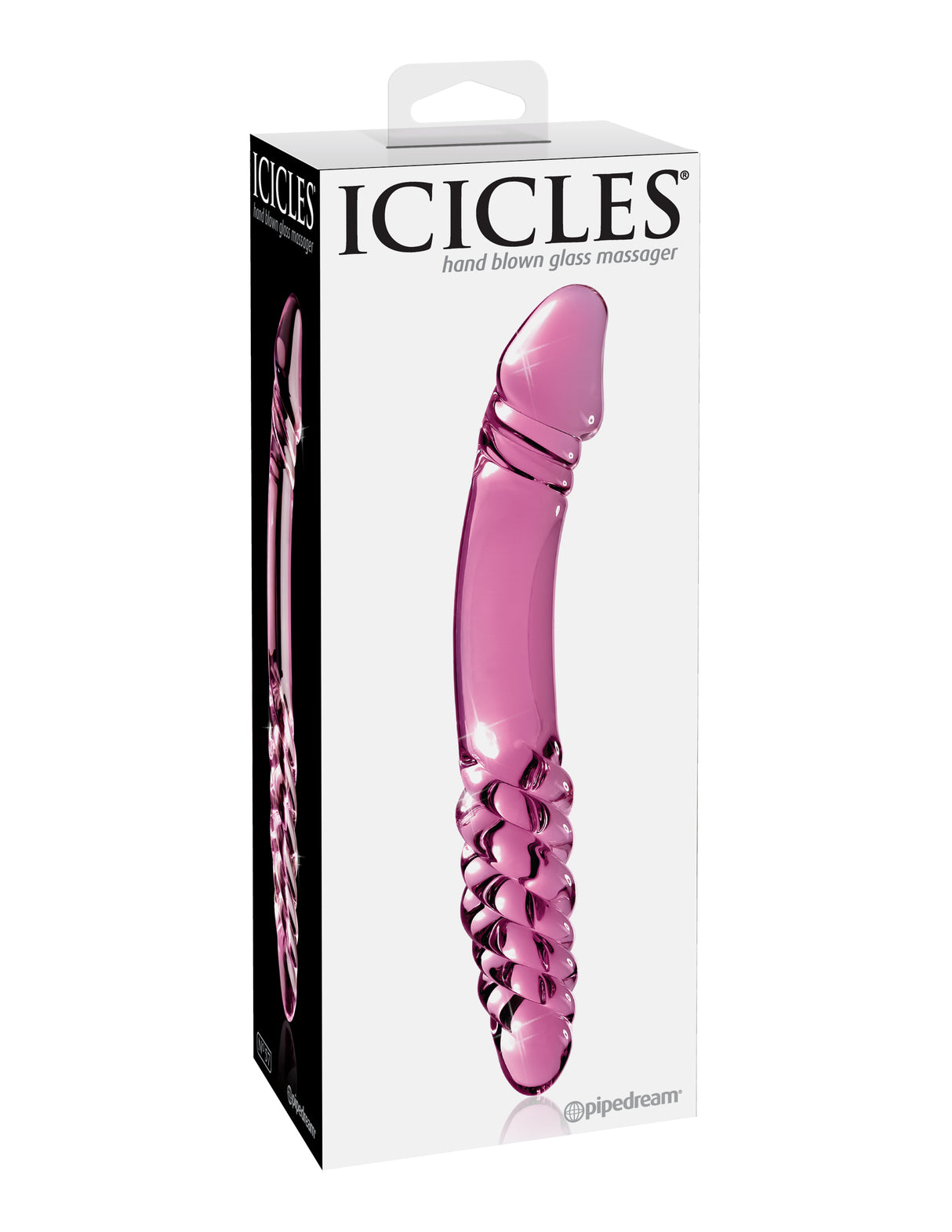 Icicles No 57 Double Glass Dong 9 Inch Pink elegant packaging display with hand-blown glass massager.
